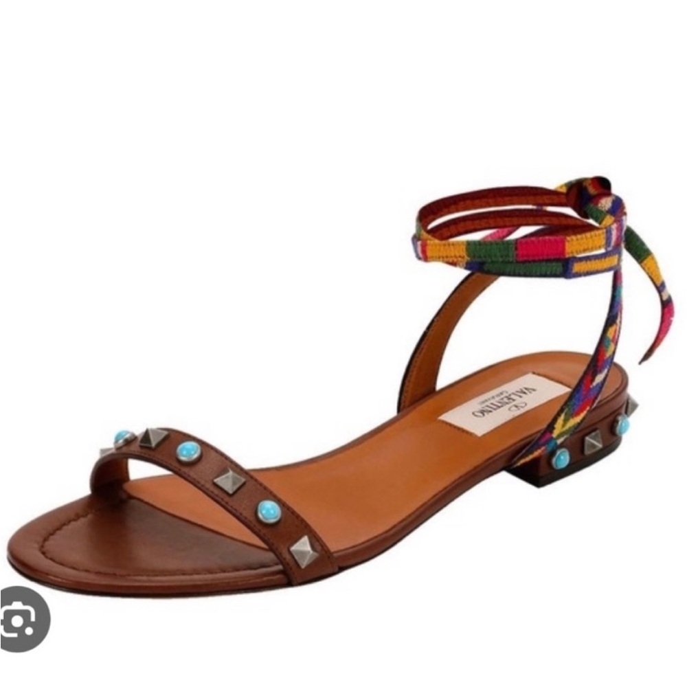Valentino Stone and Rockstud Ankle Tie Flat Sandals Size 10.5